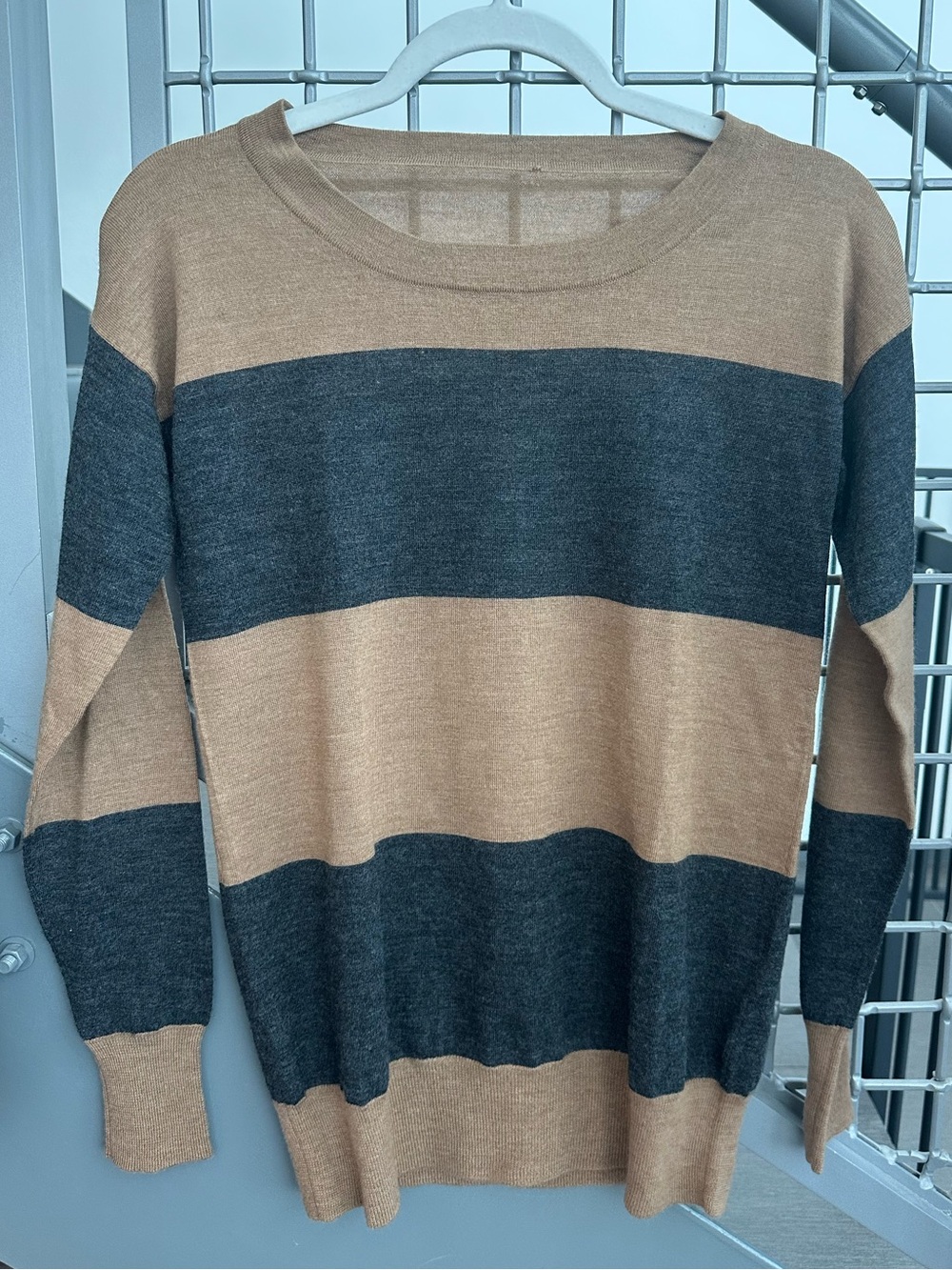 J. Crew Tan and Charcoal Wide-Stripe Scoop Neck Sweater